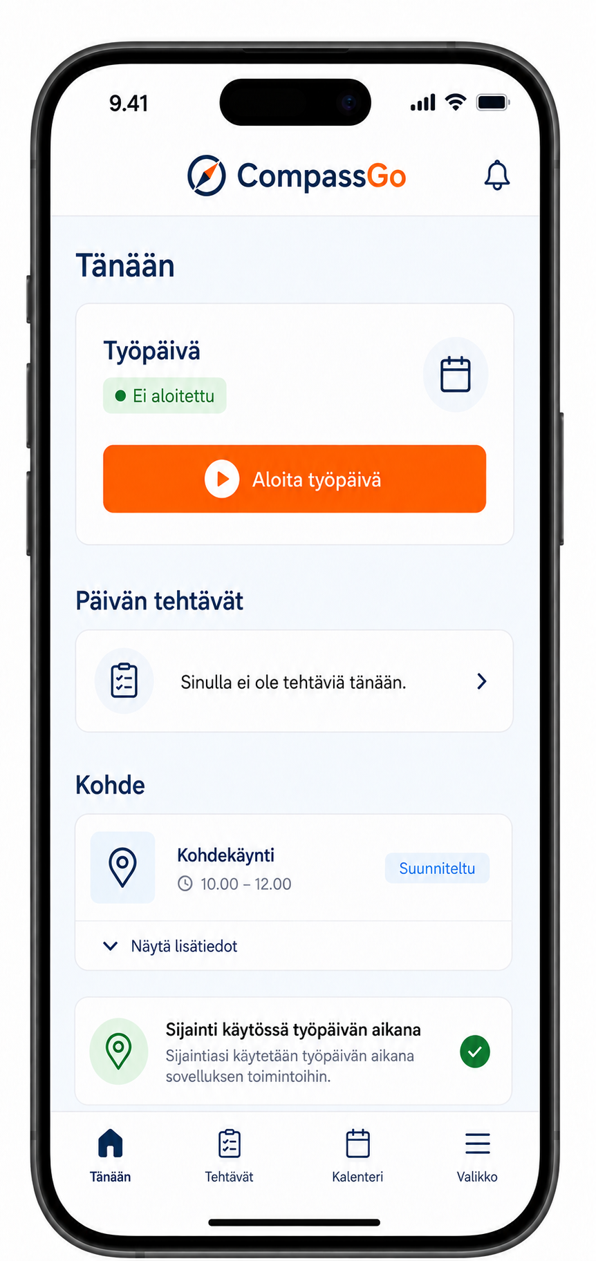 Anonymisoitu esimerkkikuva CompassGo-työntekijäsovelluksesta